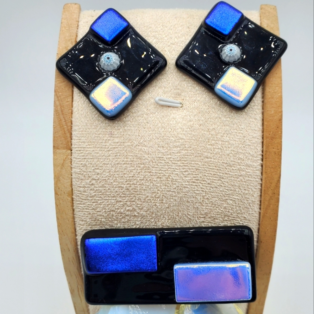 Black/Blue Shimmery Dichroic Glass Geometric Matching Earrings and Brooch Set